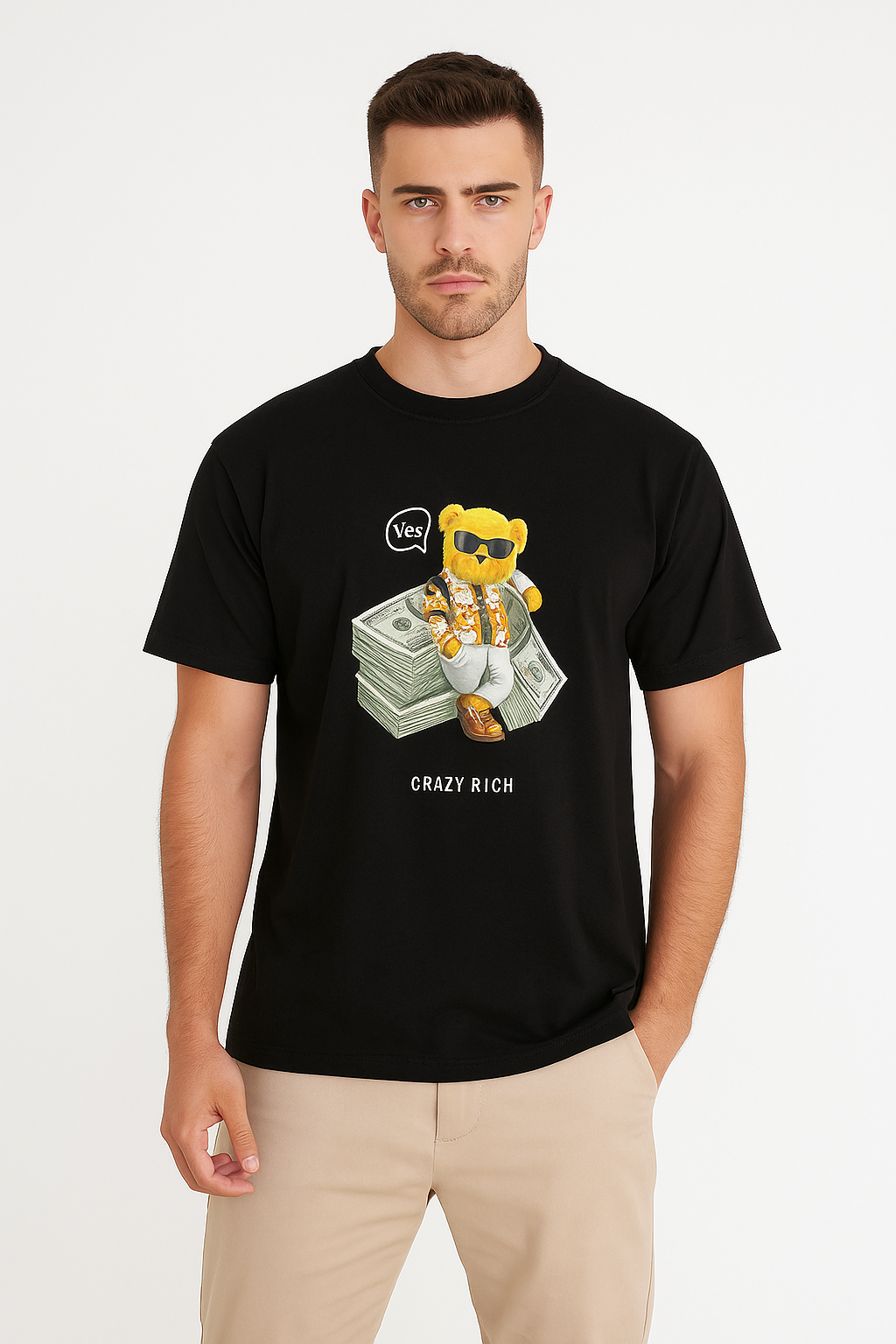 Men’s Black “Crazy Rich” Bear Graphic T-Shirt – Premium Streetwear Tee