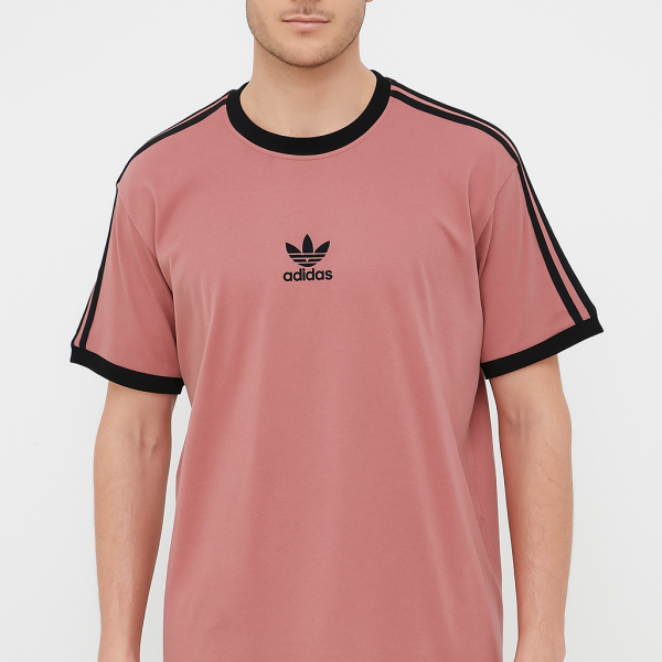 Adidas Men’s Black Crew Neck Cotton T-Shirt with Dusty Pink Stripes – Sporty Casual Comfort