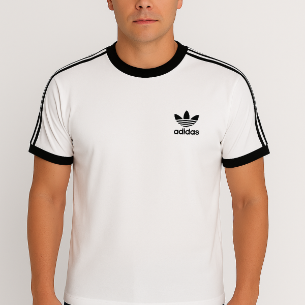 Adidas Men’s Black Crew Neck Cotton T-Shirt with Dusty Pink Stripes – Sporty Casual Comfort