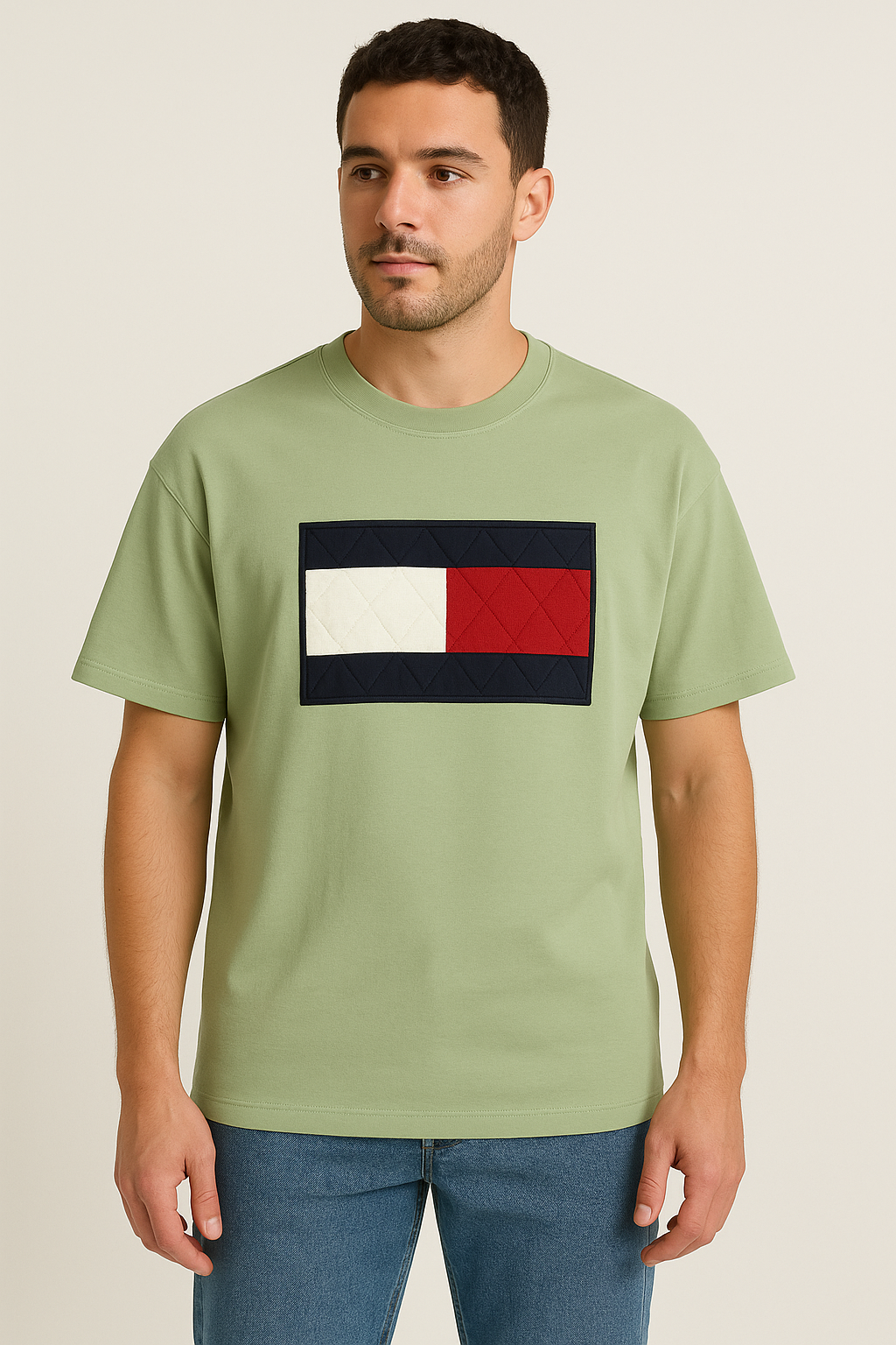 Quilted Flag Patch Men’s T-Shirt – Minimalist Streetwear Tee | Premium Casual Wear