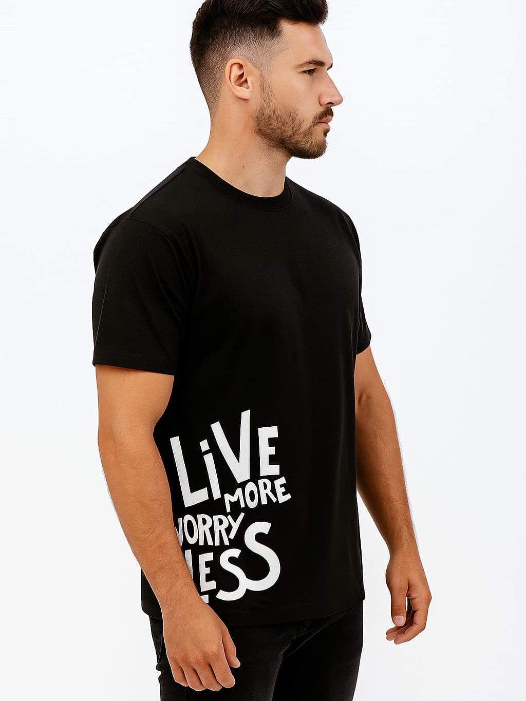 Men’s Black Motivational Graphic T-Shirt – “Live More, Worry Less” Quote Tee